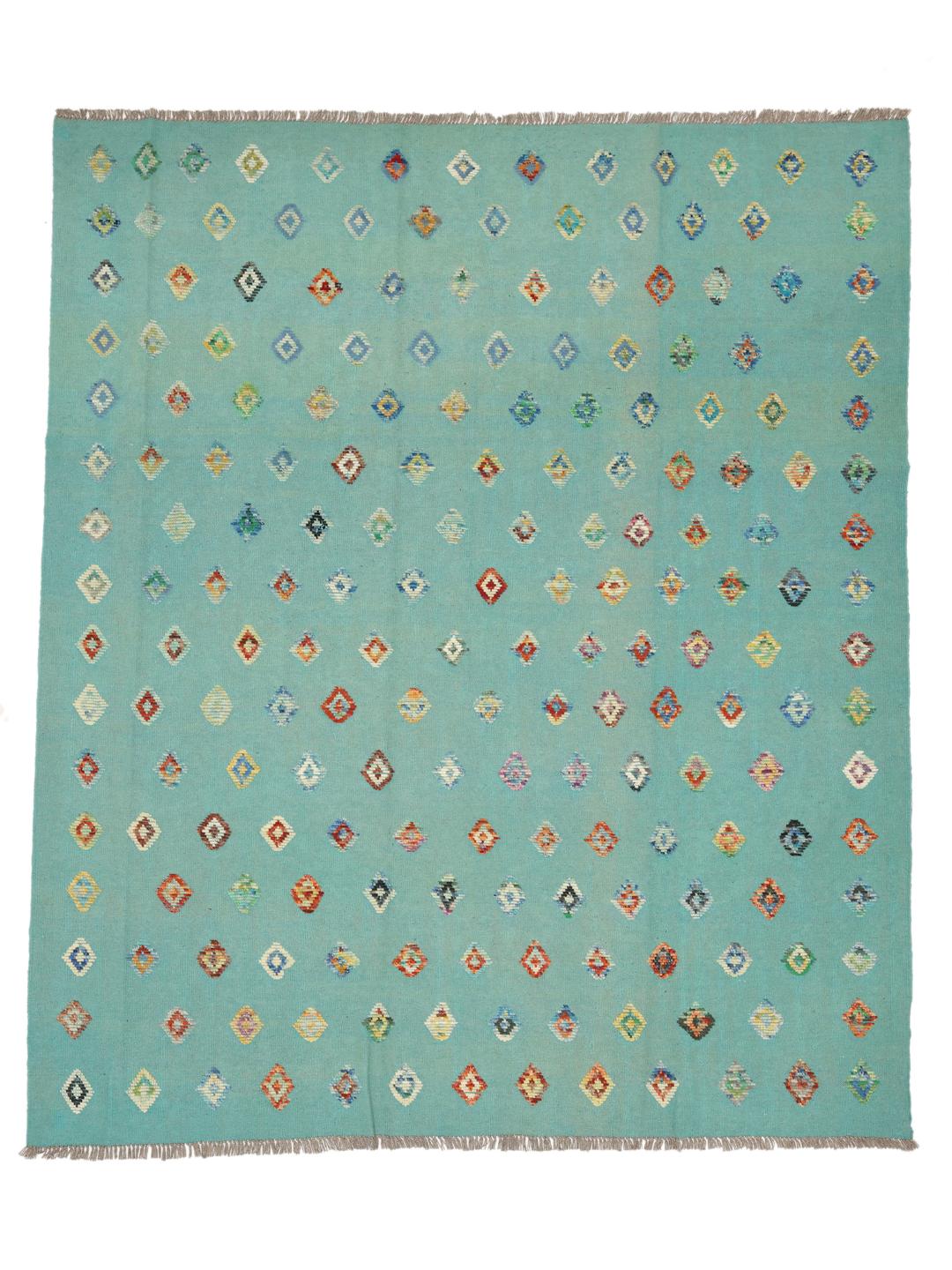 Hand-woven Afghan Kelim Nimbaft rug with a teal field and multicolour diamond patterns.