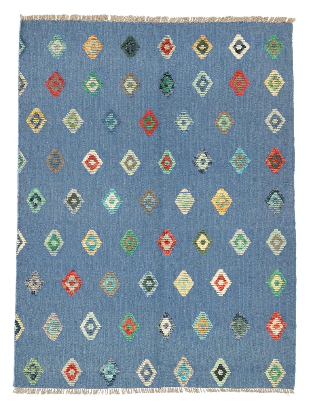 Hand-woven Afghan Kilim rug with multicoloured diamond patterns on a blue field