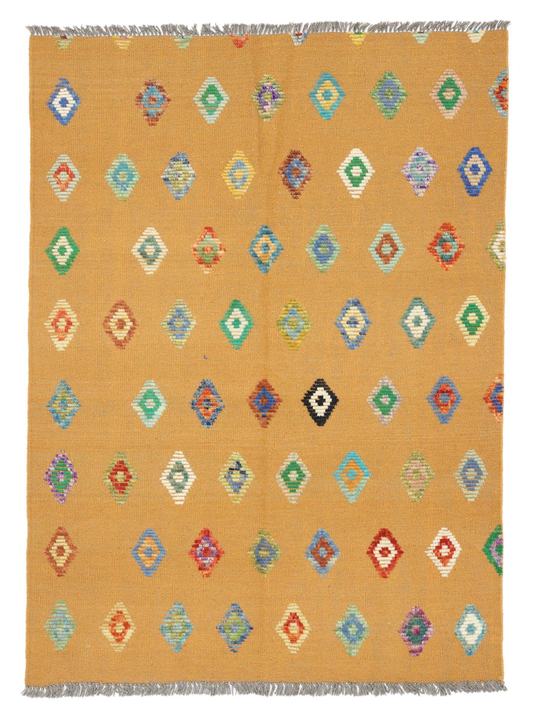 Hand-woven Afghan Kelim Nimbaft rug in mustard with colourful diamond patterns