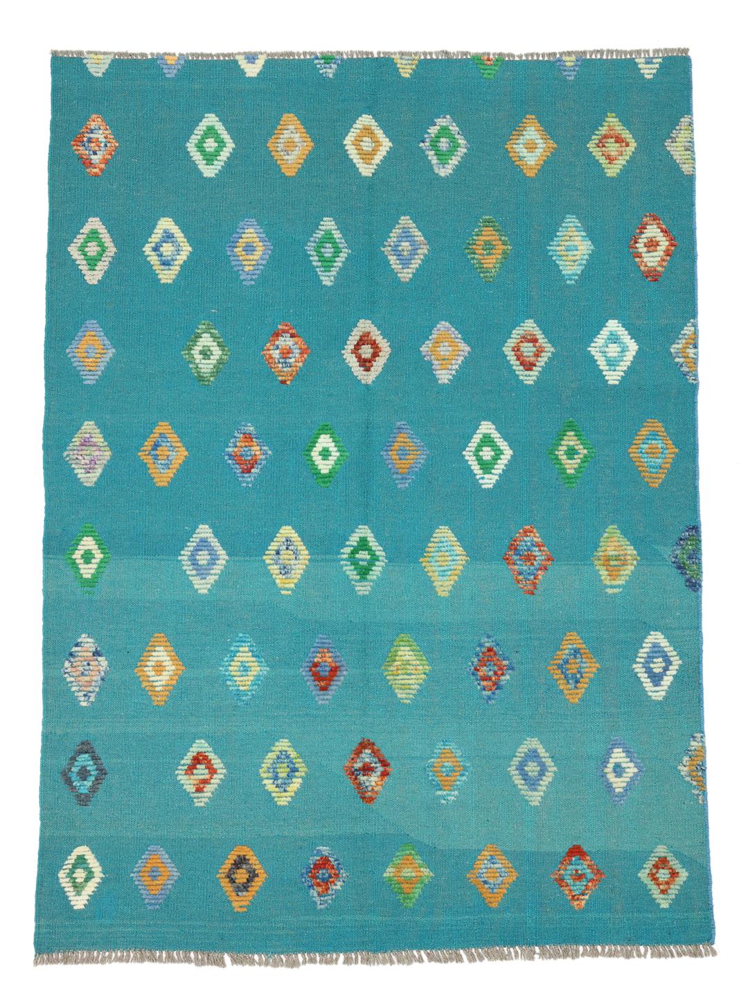 Handgeweven Afghaans Kilim tapijt met een blauwgroen veld en veelkleurig ruitpatroon