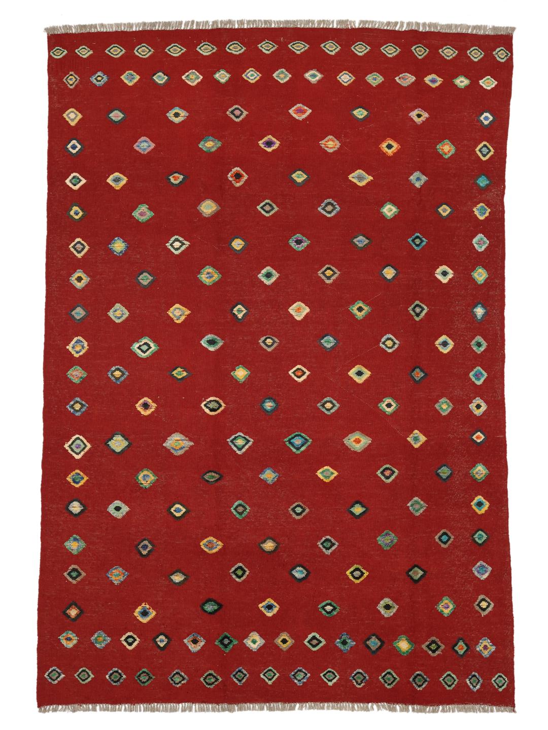 Tapis afghan tisse a la main en rouge avec des motifs en losange