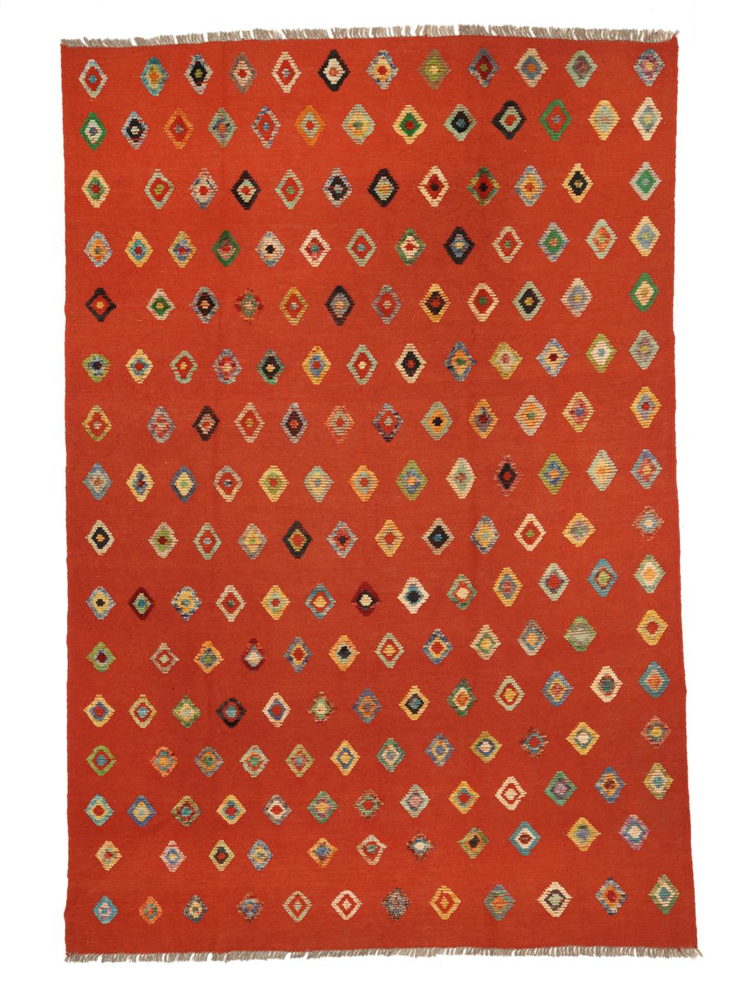 Hand-woven Afghan Kelim Nimbaft rug with a red field and multi-coloured geometric diamonds
