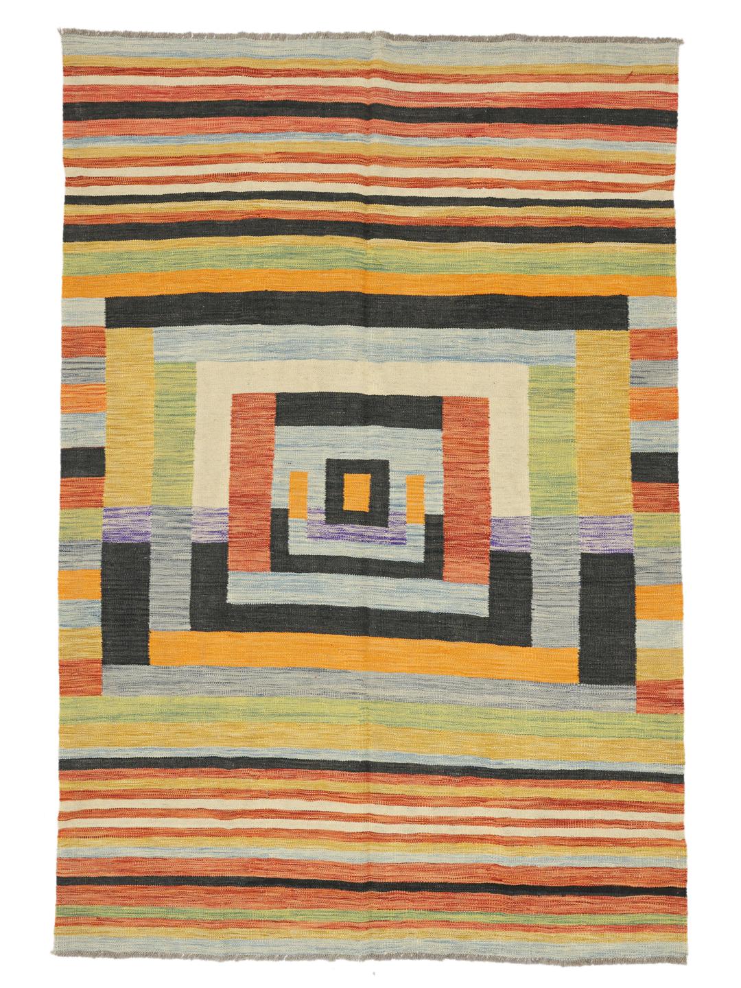 A rectangular, hand-woven Afghan Kilim rug featuring a vibrant, multi-coloured striped and geometric pattern.