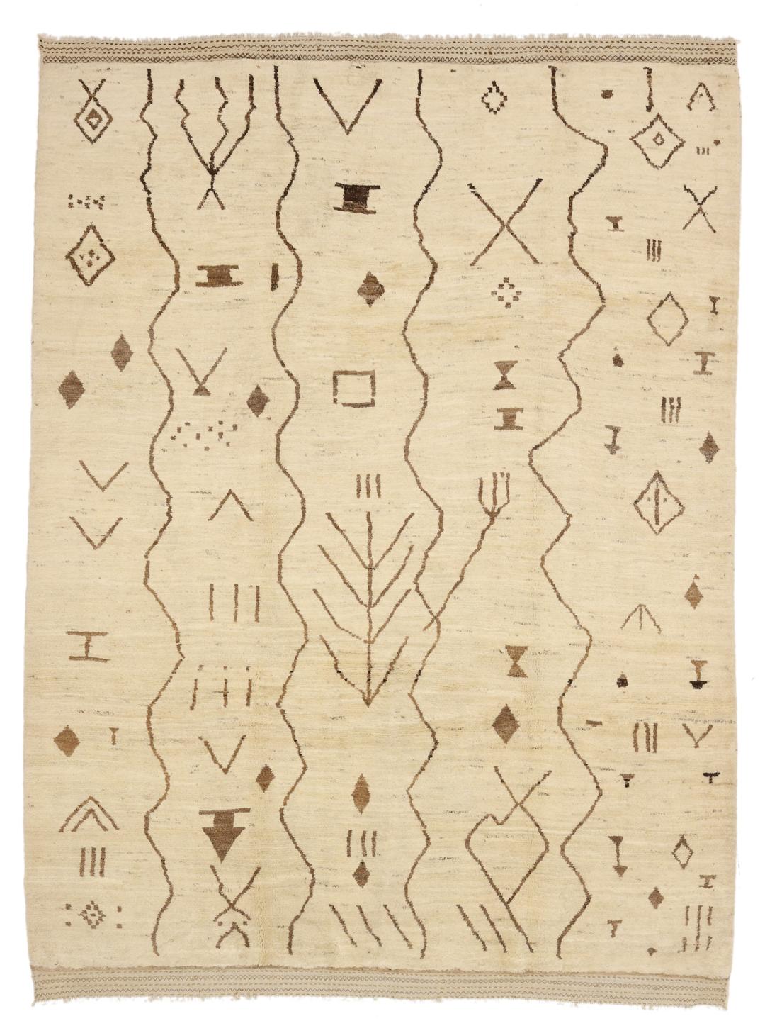 Hand-knotted Afghan wool rug with tribal motifs in a neutral beige tone