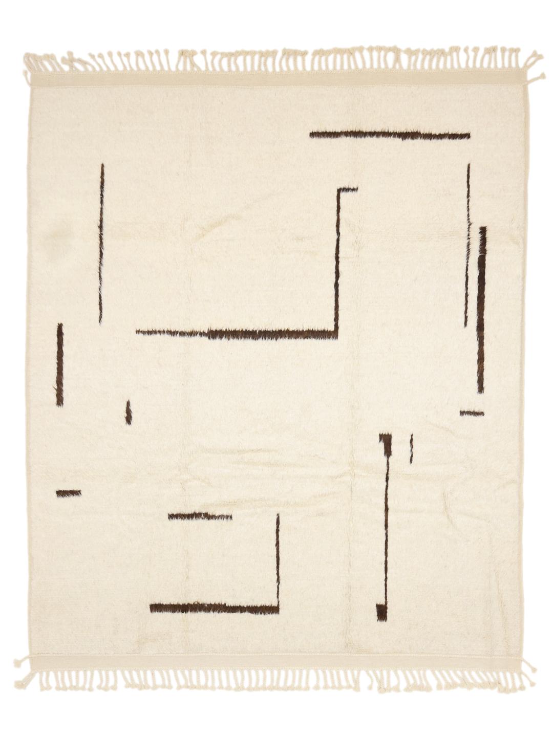 Hand-knotted Afghan rug with minimalist brown lines on a beige background