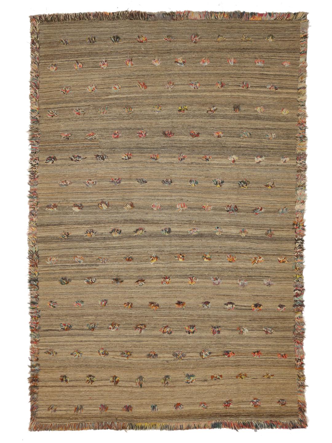 Tapis Kelim Nimbaft afghan tissé à la main, de couleur marron avec des accents touffetés colorés