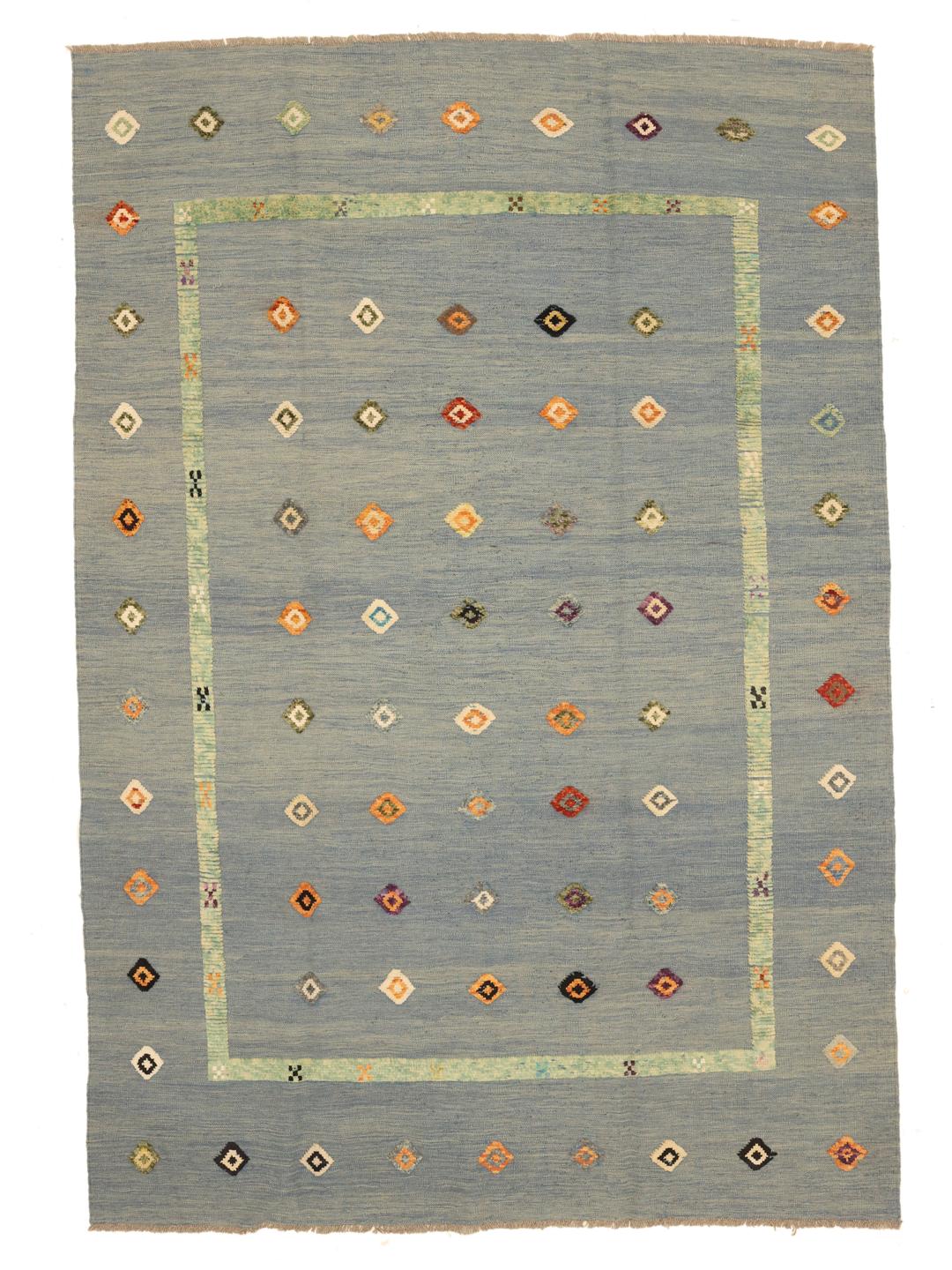Handgeweven Afghaans Kilim kleed met een blauw veld en ruitmotieven