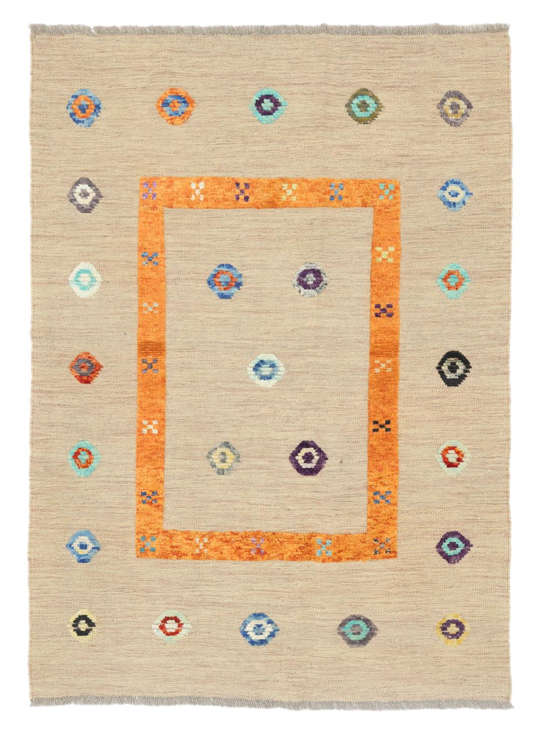 Tappeto Kelim Nimbaft afghano tessuto a mano in beige con accenti geometrici colorati