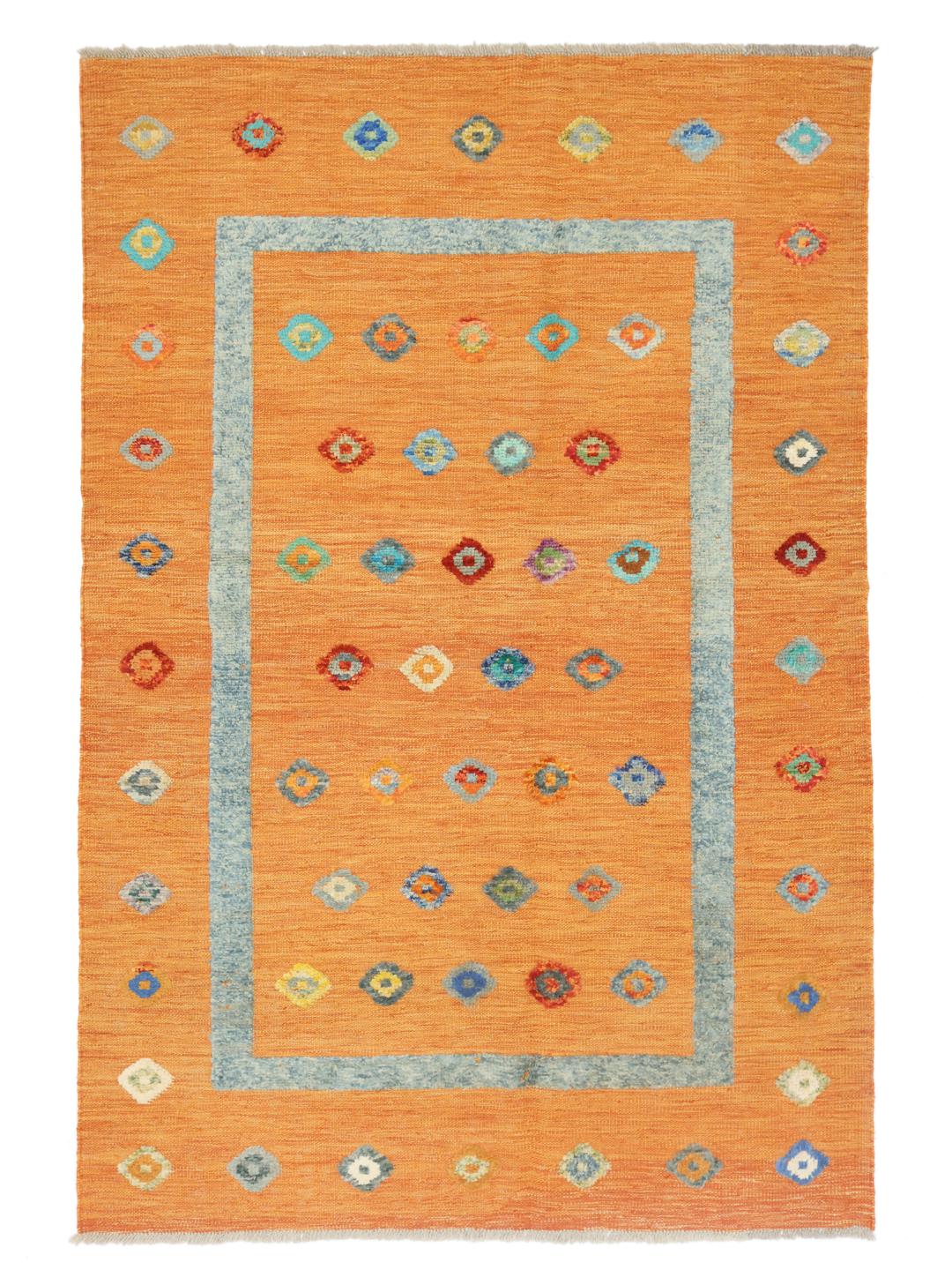 Hand-woven Afghan Kelim Nimbaft rug in vibrant orange with multi-coloured diamond patterns