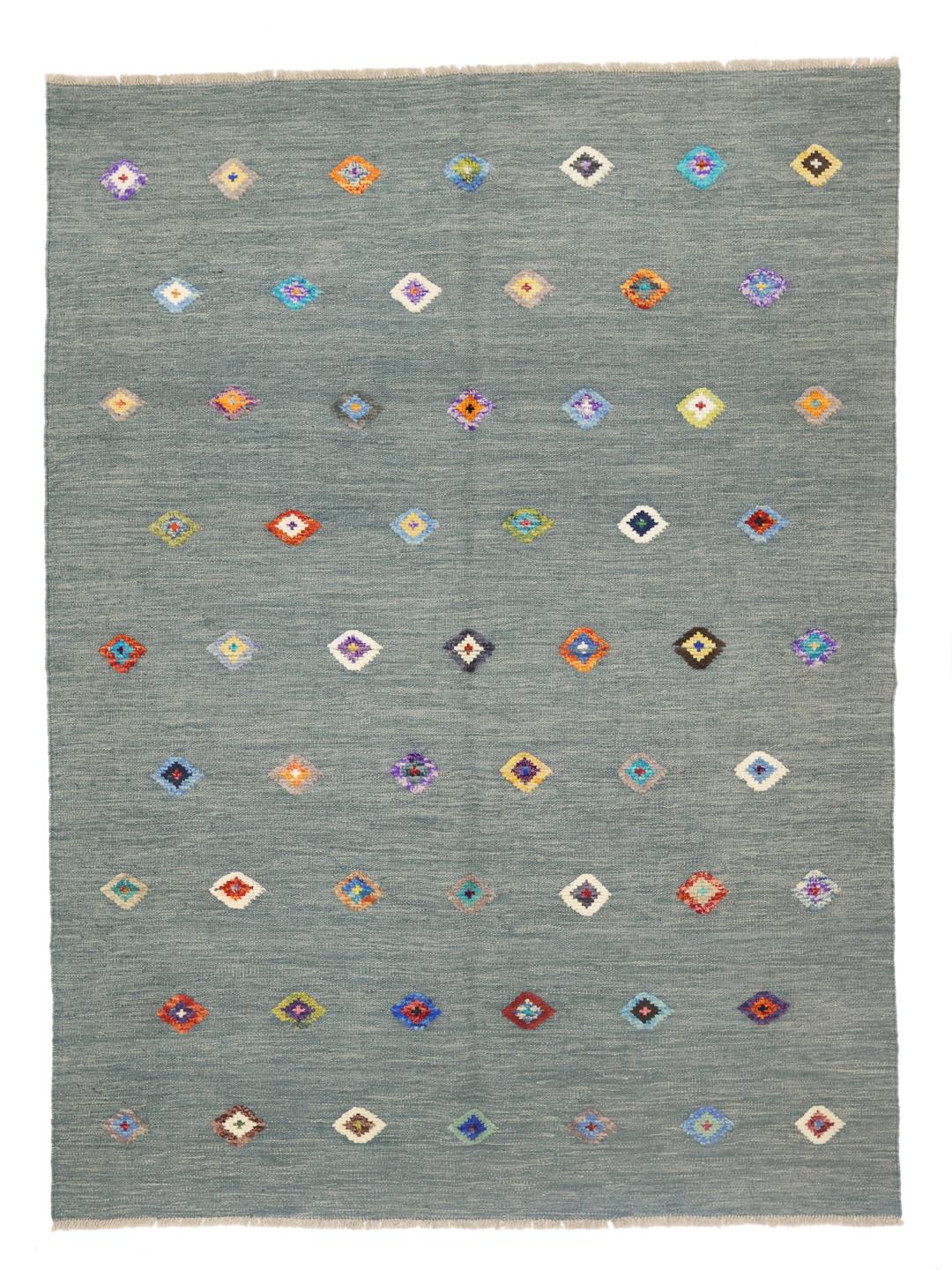 Tapis afghan Kelim Nimbaft tissé à la main présentant un champ bleu avec des motifs en losange multicolores