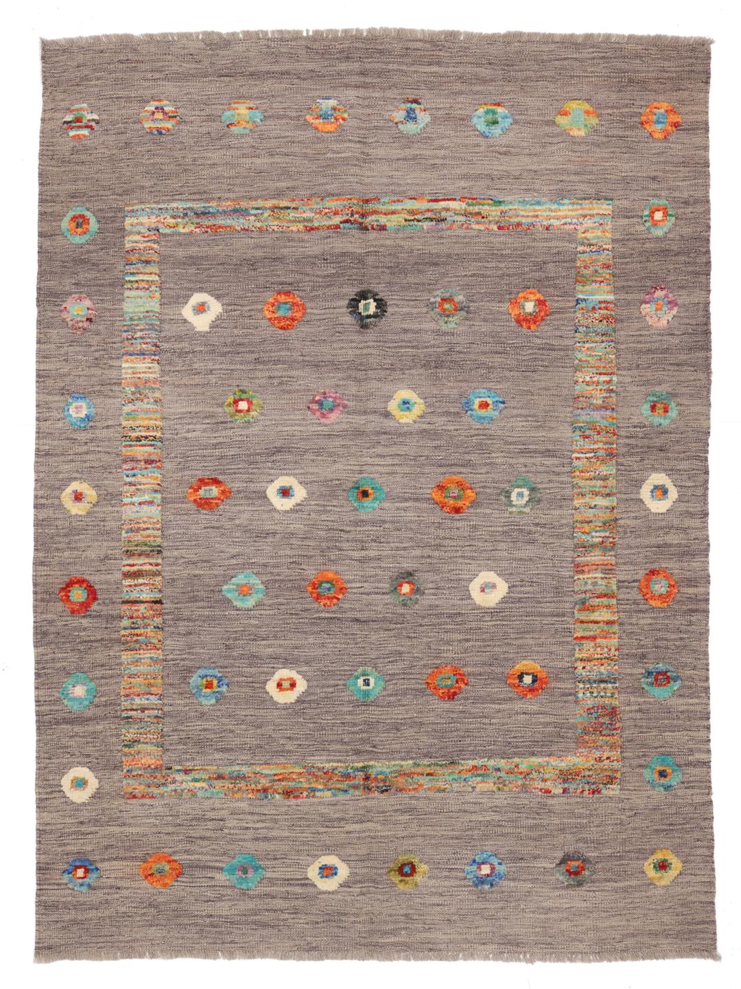 Tapis Kelim afghan tissé à la main avec des motifs colorés sur fond gris