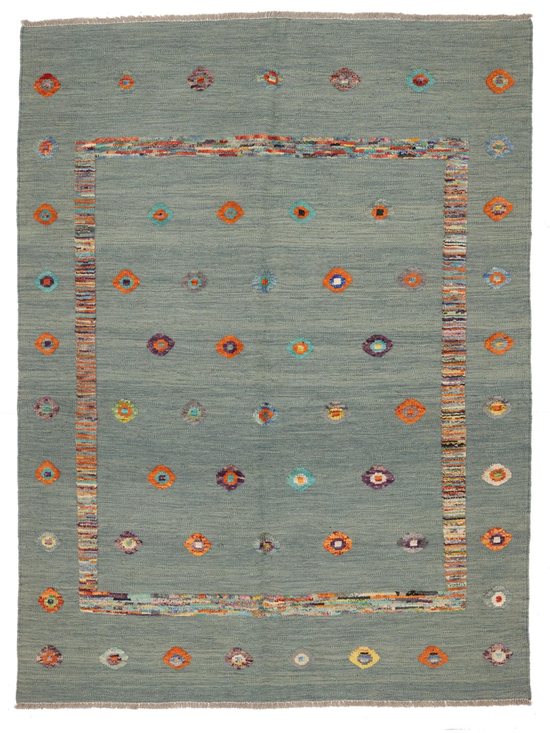 Handgeweven Afghaans kelim kleed in blauwgroen met veelkleurige geometrische motieven