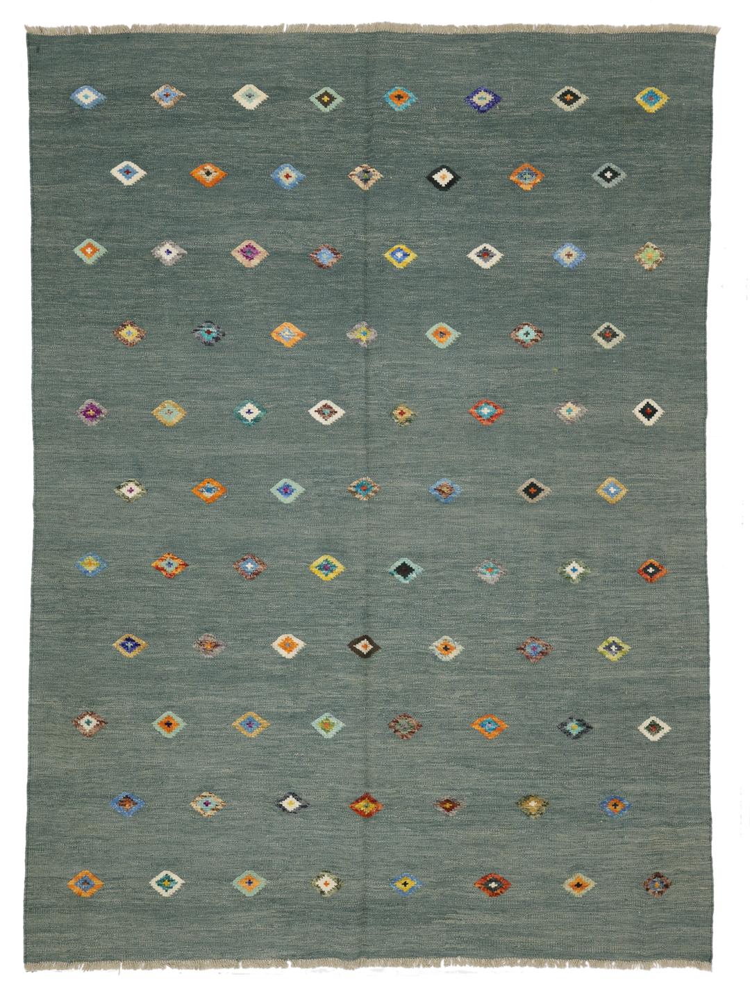 Tapete Kilim afegão tecido à mão com motivos de diamante num campo de cor verde-azulado escuro.