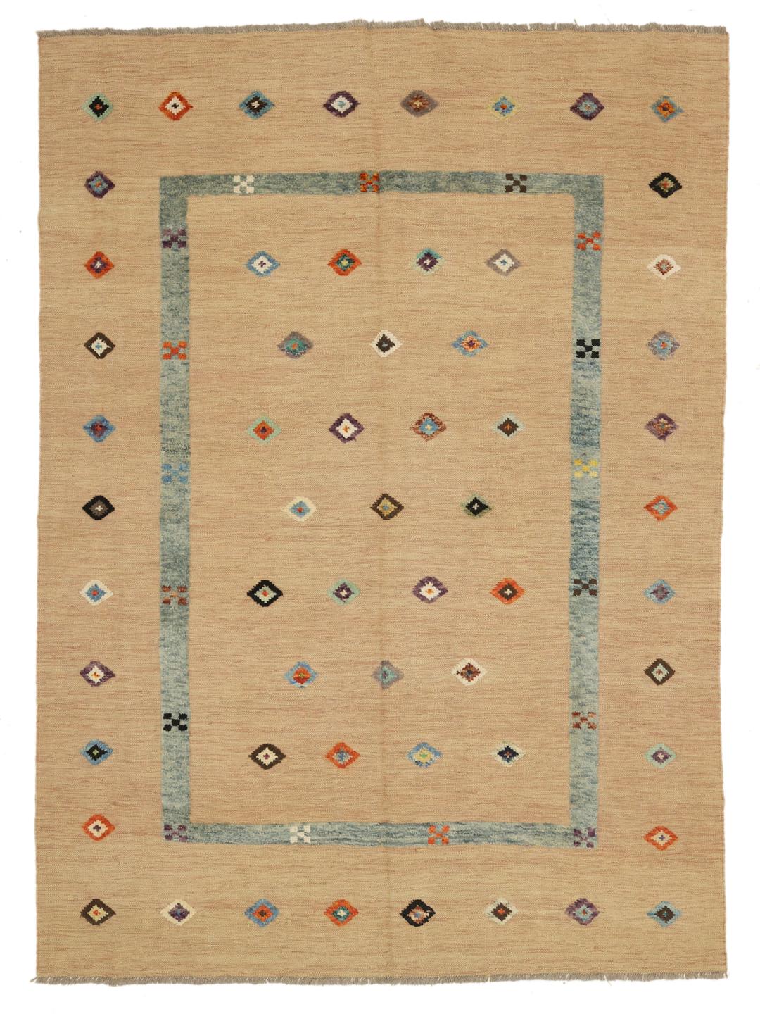 Authentiek Afghaans Kelim tapijt met geometrische motieven in beige en meerkleurig