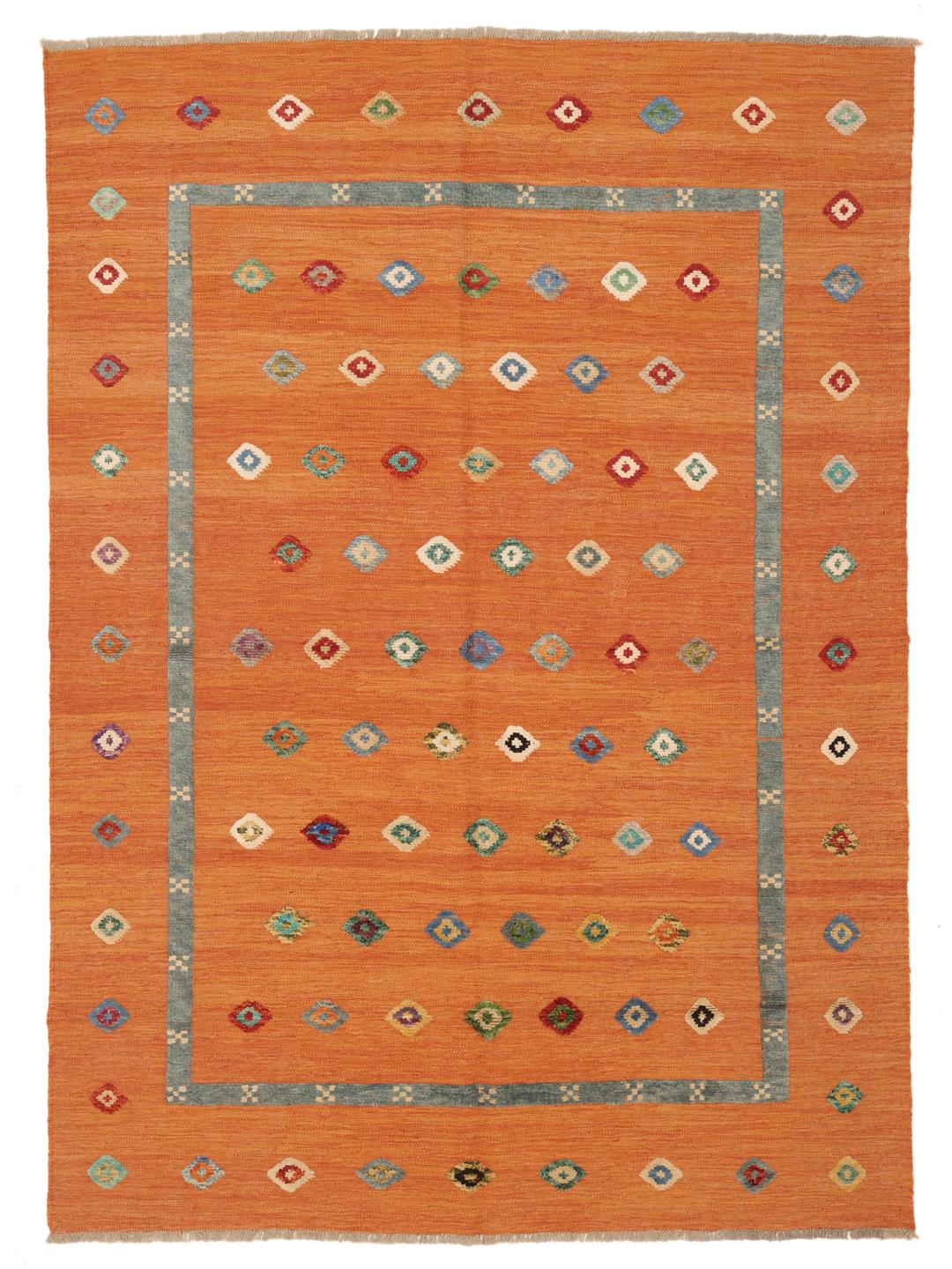 Hand-woven Afghan Kelim Nimbaft rug with an orange field and geometric motifs
