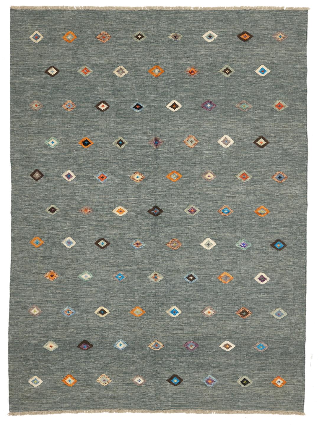 Tapete Kilim afegão tecido à mão com um campo azul-ardósia e pequenos motivos geométricos