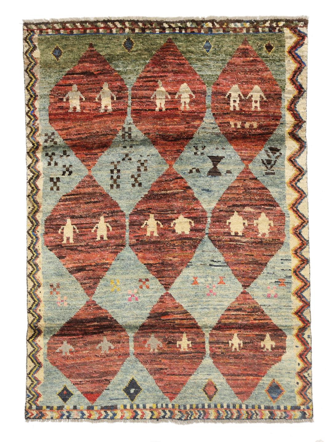 Hand-knotted Afghan rug with colourful diamond patterns and tribal motifs