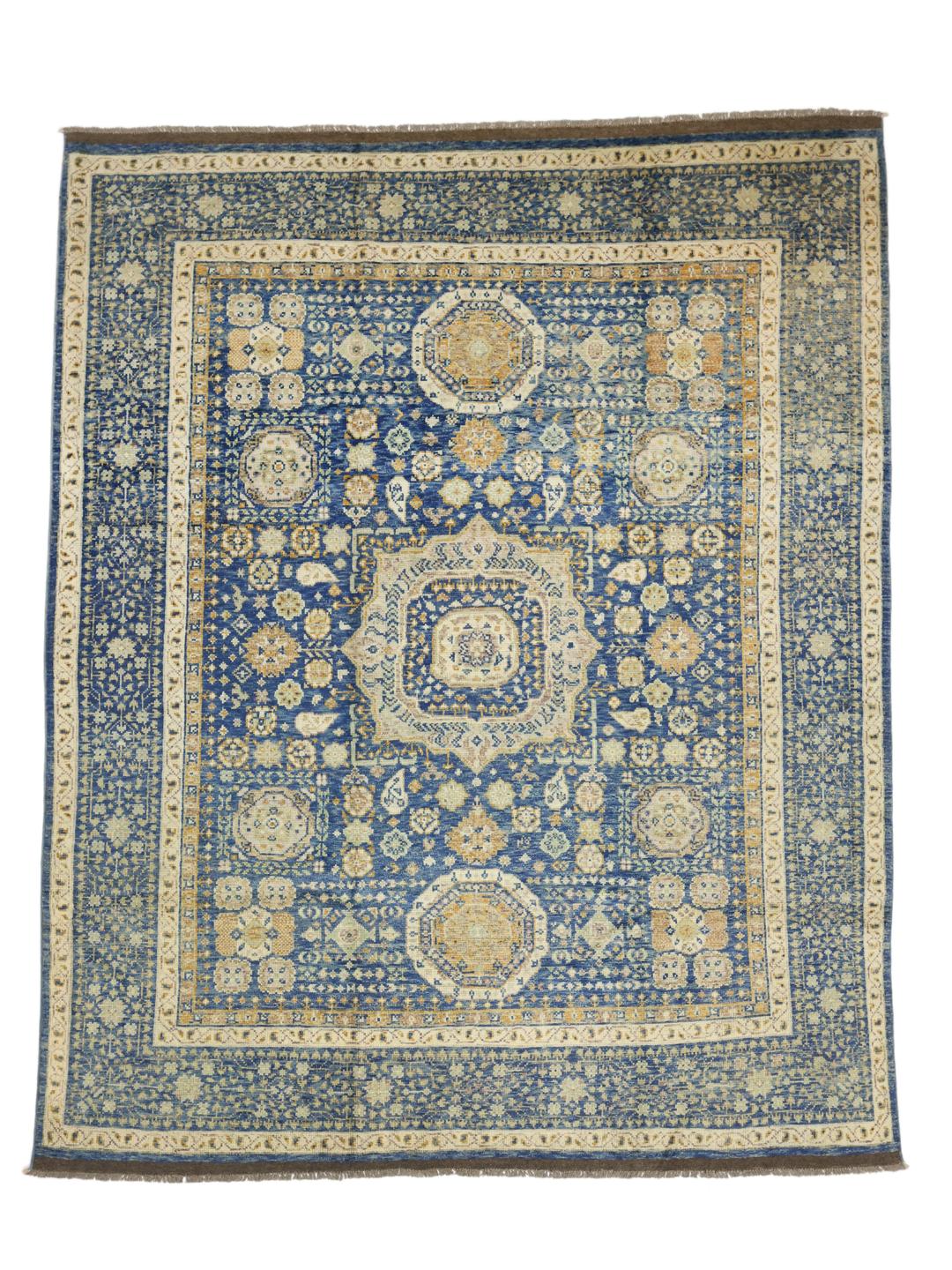 Handgeknoopt Afghaans Usak-tapijt in het blauw met sierlijke bloempatronen
