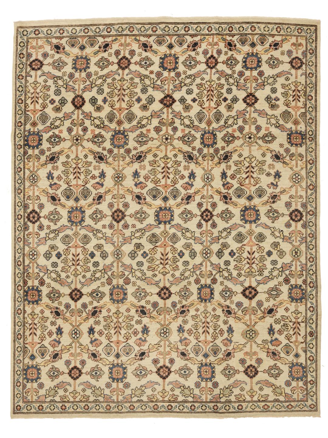 Handgeknoopt Afghaans Usak-tapijt met een bloemmotief in beige en zachte, gedempte tinten.
