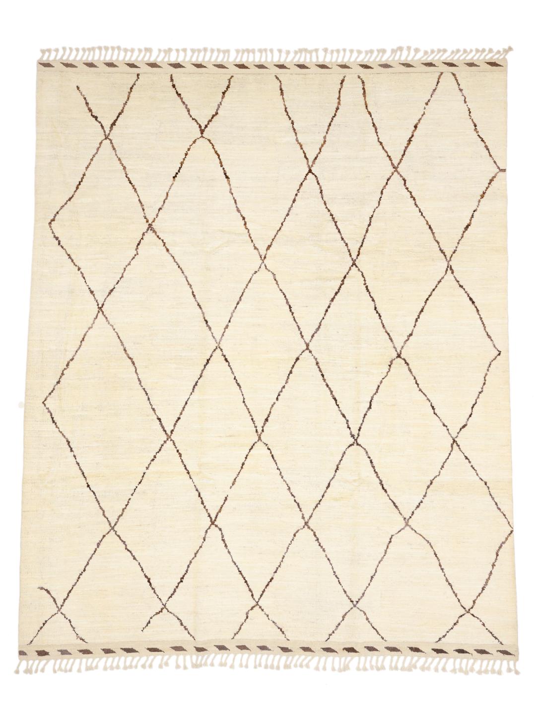 Hand-knotted Afghan rug with a beige field and dark geometric diamond pattern