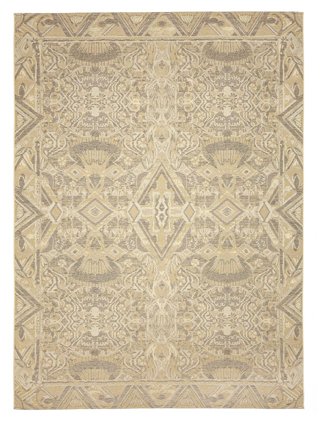 Een beige vloerkleed met een geometrisch tribaal patroon