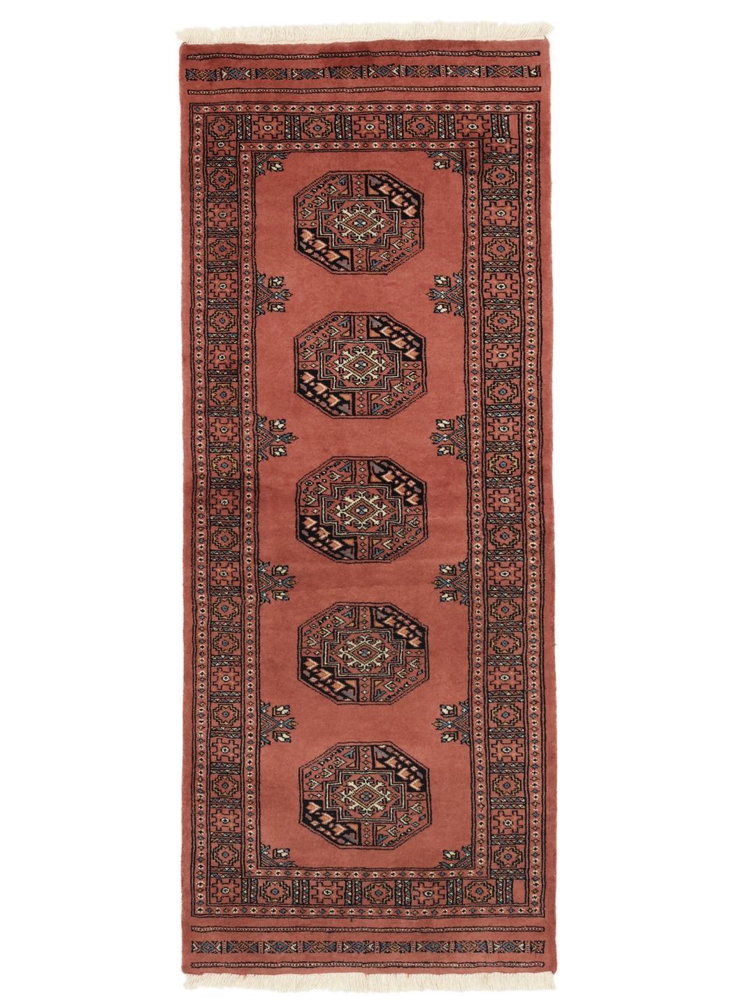 Handmade Pakistan runner rug in dark-red with traditional wool guls