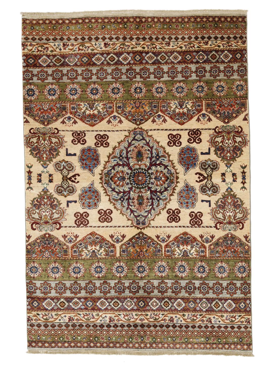 Handmade Afghan rug with beige and multicolor medallion motifs