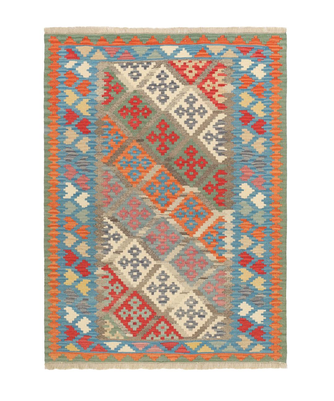 Handgeweven Kilim Qashqai tapijt met levendige geometrische patronen in veelkleurige wol.