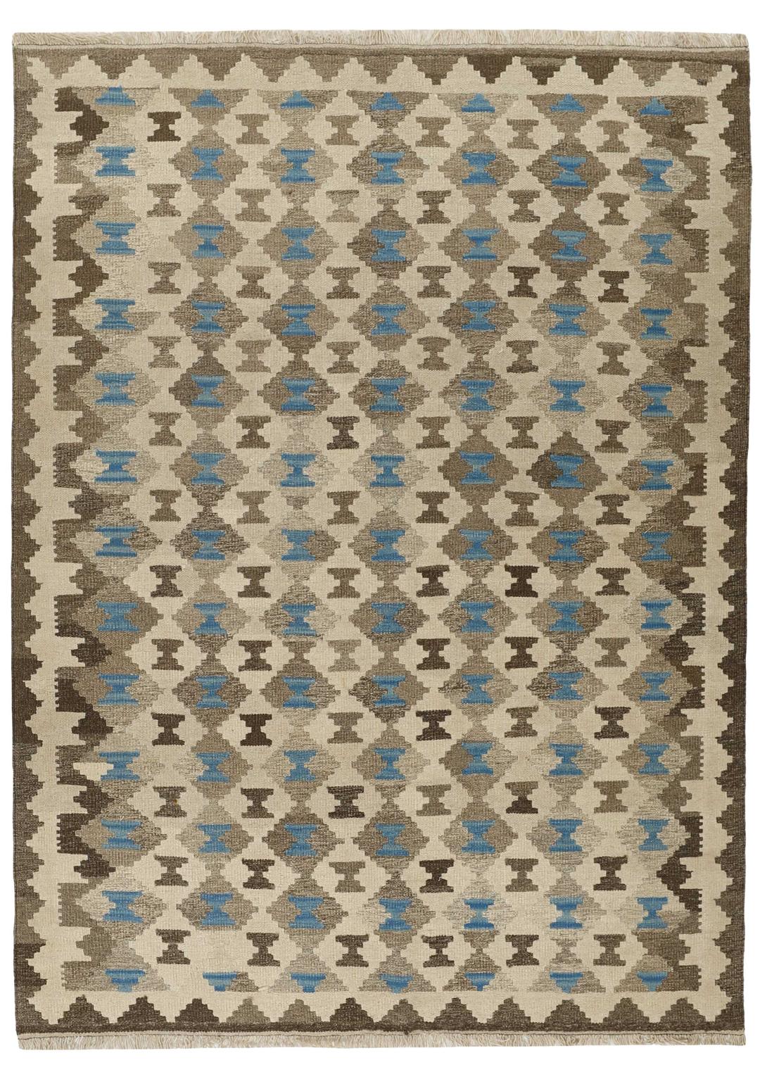 Håndvævet Kelim Ghashghai tæppe med beige og blå geometriske mønstre fra Mellemøsten