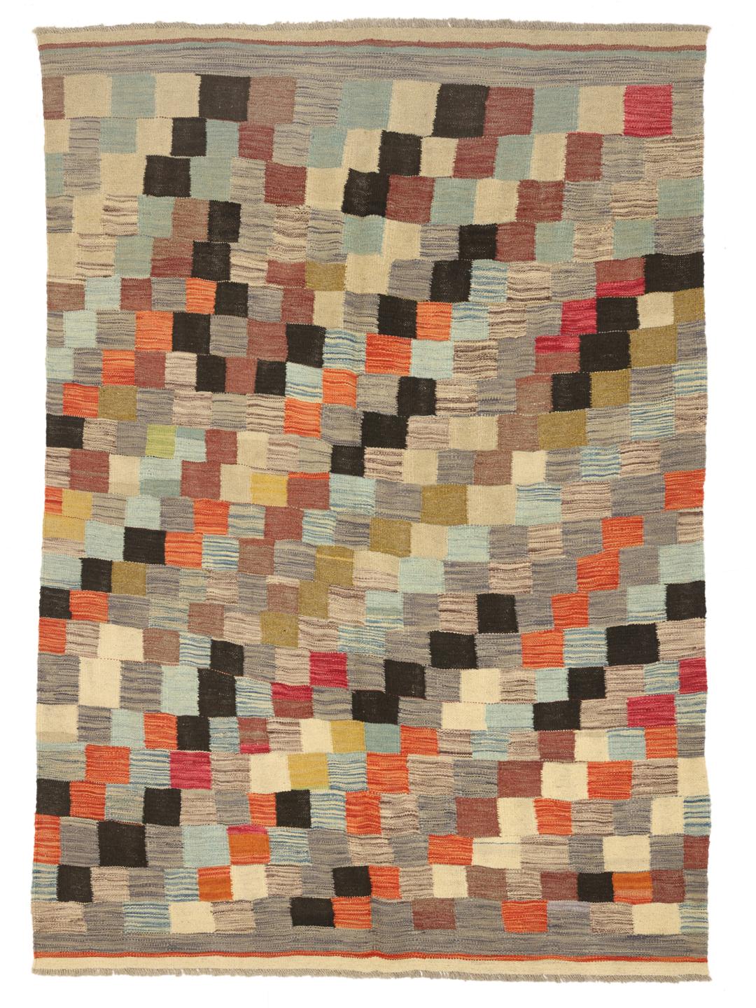 Handwoven multicolor wool rug from Afghanistan with a checkered pattern