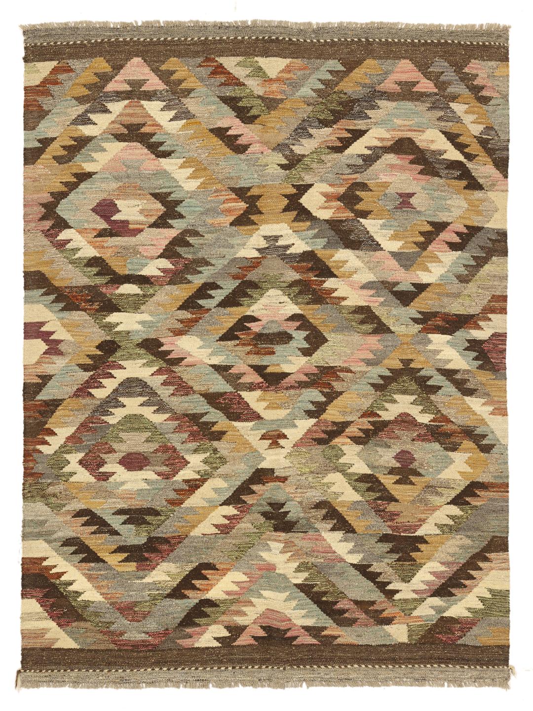 Handwoven wool Kilim Ariana rug in brown and multicolor