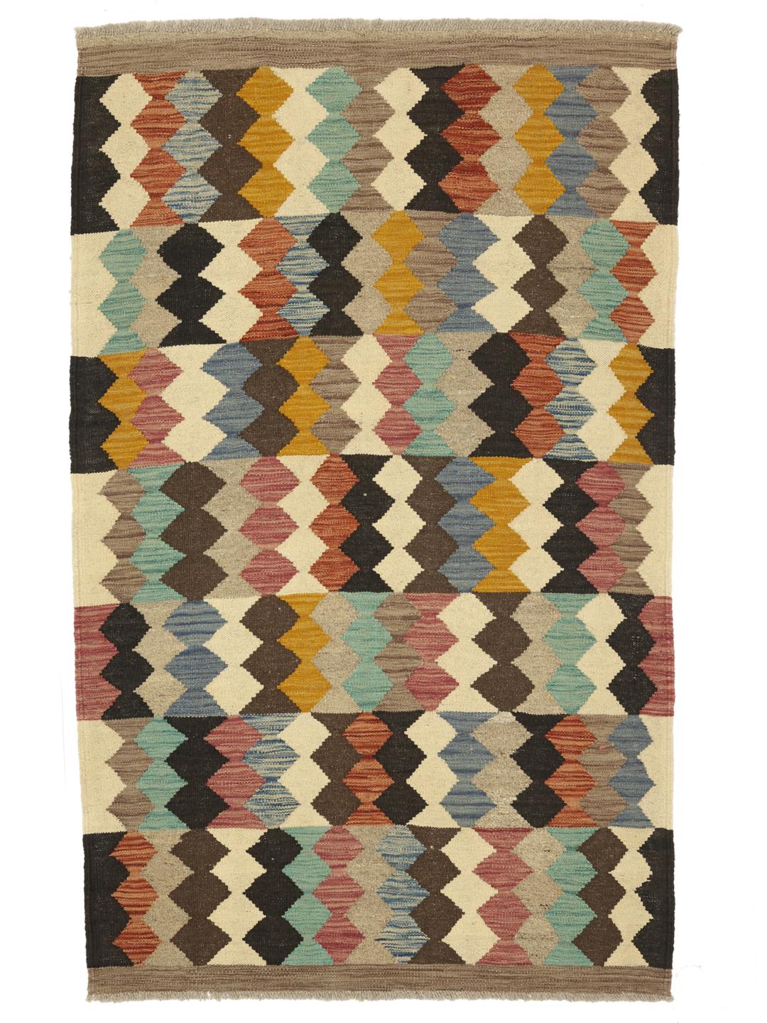 Hand-woven multicolor flatwoven wool rug from Afghanistan with a geometric diamond pattern