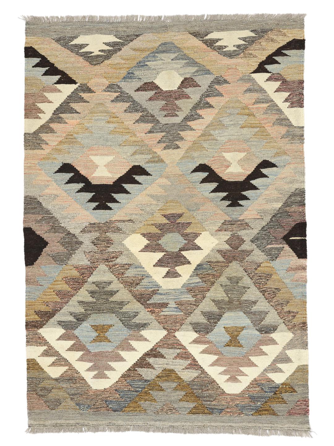 Hand-woven Kelim Ariana Trend rug from Afghanistan in grey and multicolor geometric patterns
