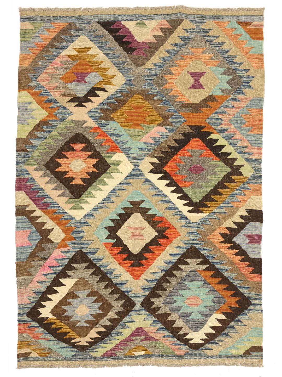 Met de hand geweven multicolor vlakke wollen vloerkleed uit Afghanistan