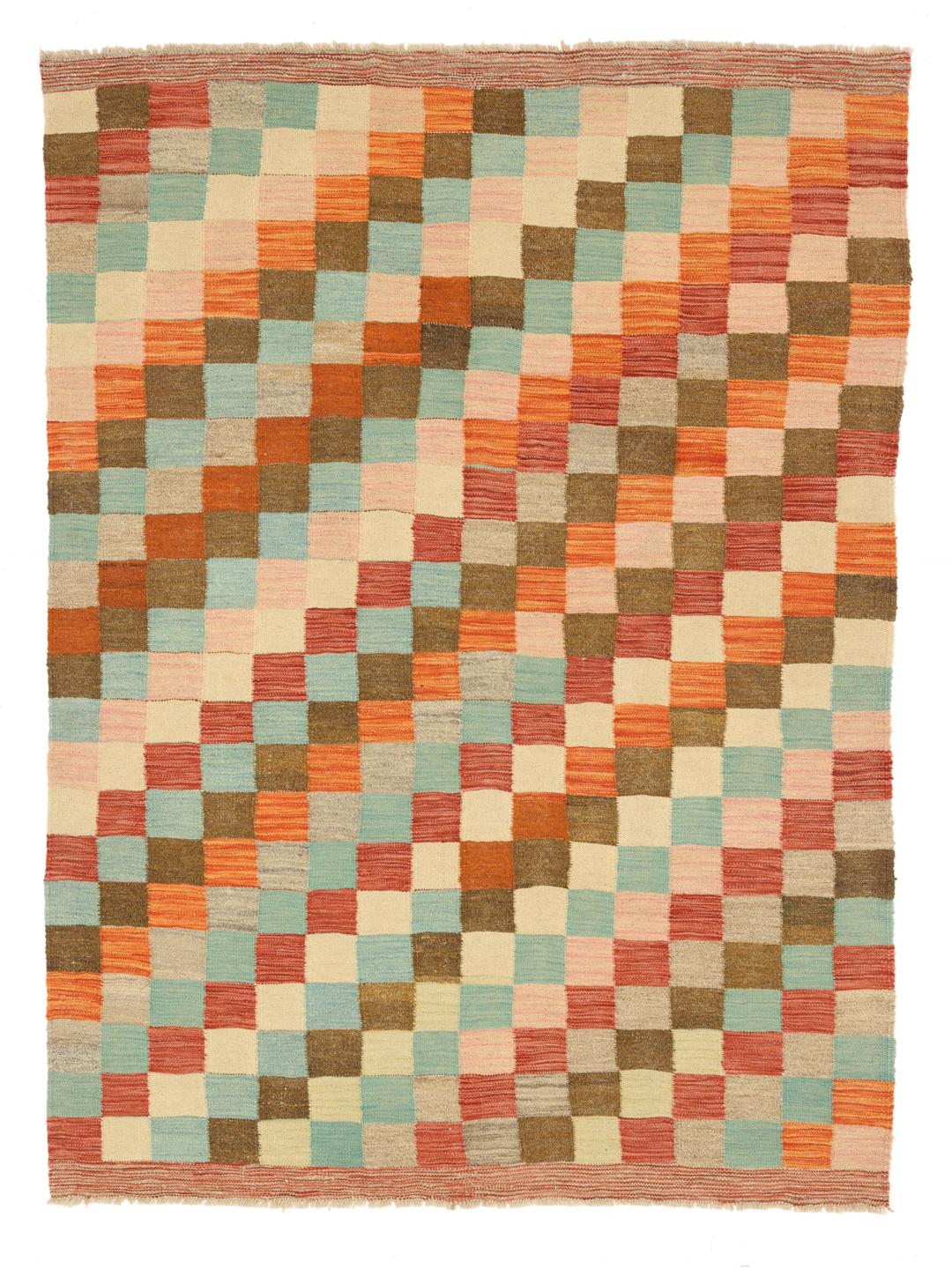 Handmade Afghan rug with a multicolor checkered pattern