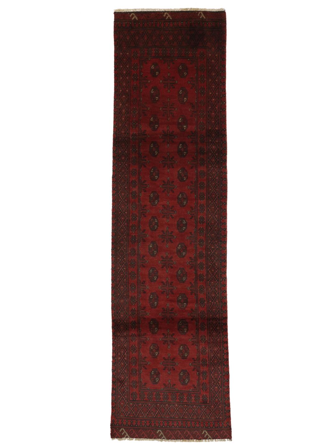 Hand-knotted Afghan Fine runner rug in dark red and black wool with geometric medallions
