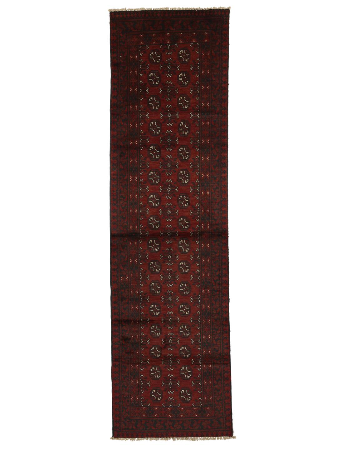 Tapis couloir noué à la main Afghan Fine en rouge foncé et noir