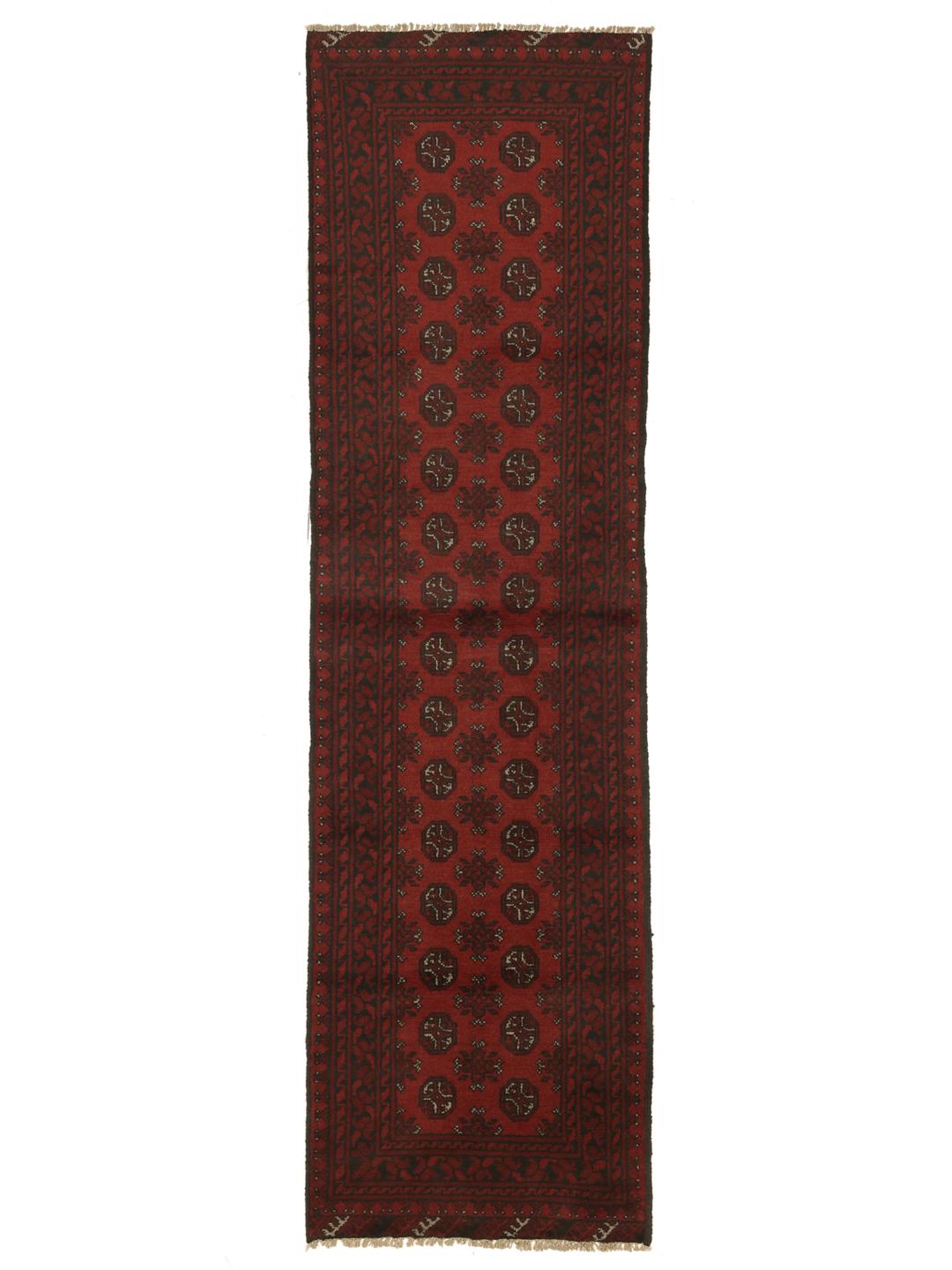 Tapis de couloir Afghan Fine en laine noué à la main en rouge foncé et noir