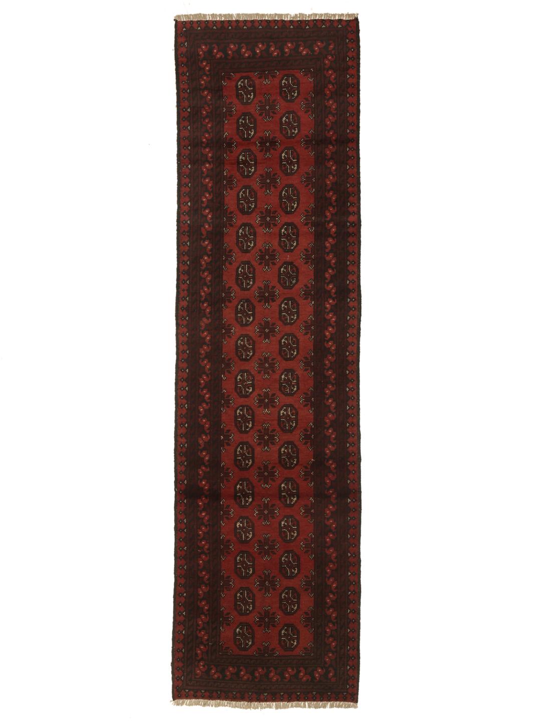 Hand-knotted Afghan Fine runner rug in dark-red and black
