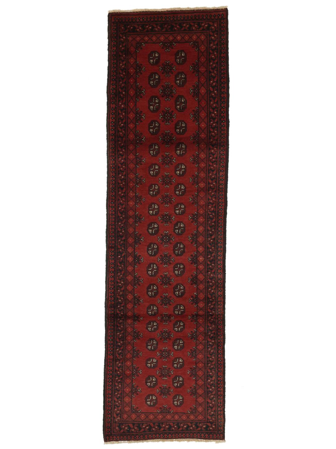 Tapis couloir en laine Afghan Fine noue a la main en rouge fonce et noir