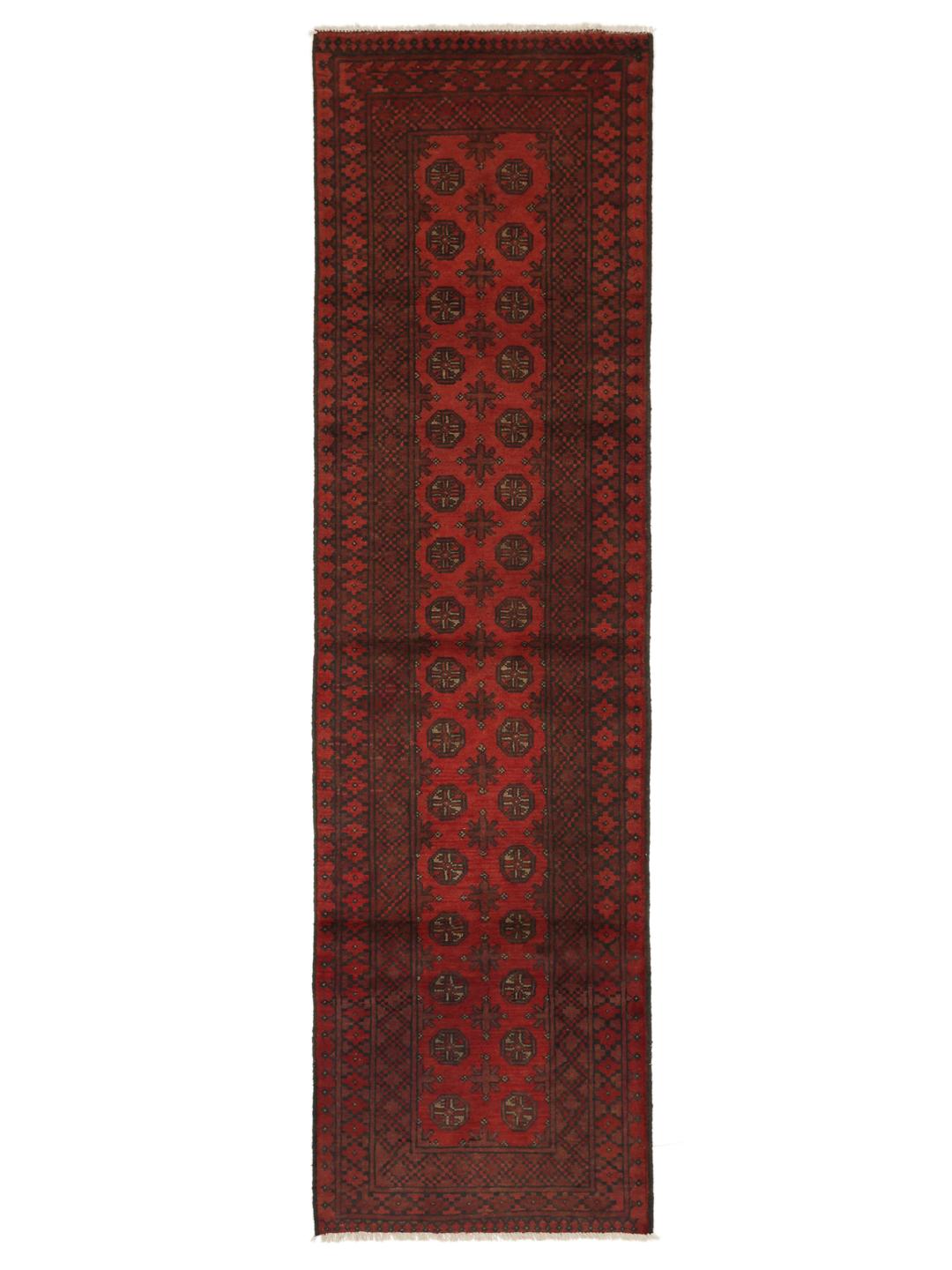 Tapis de couloir afghan en laine noué a la main en rouge fonce et noir