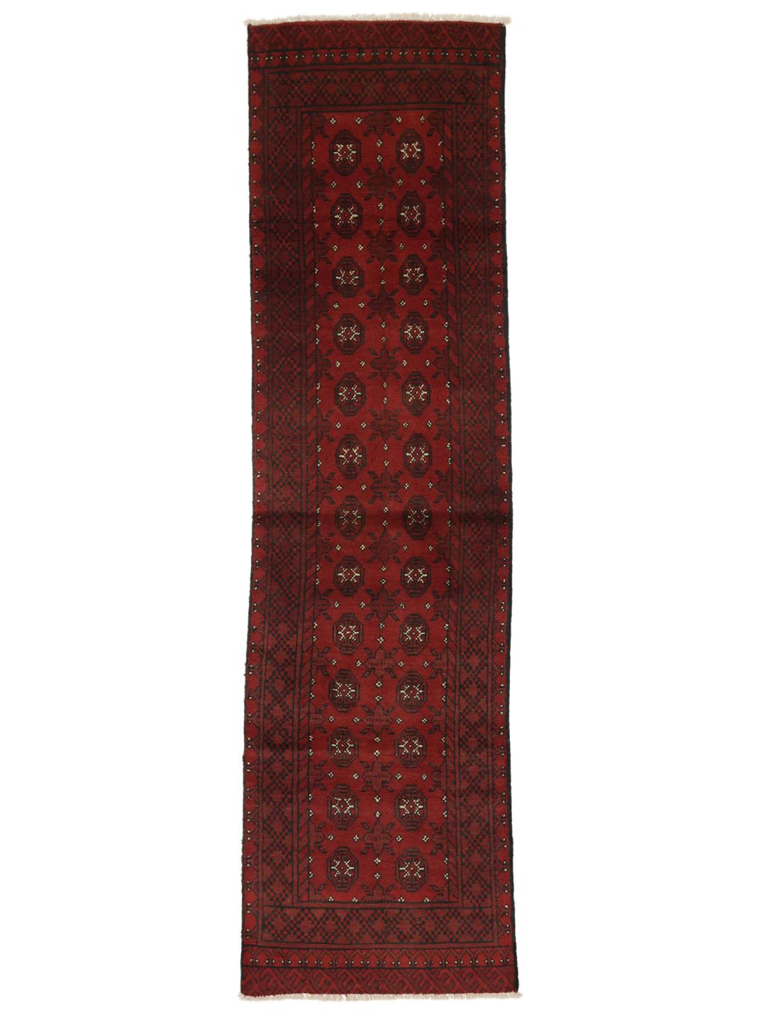 Hand-knotted Afghan Fine wool runner rug in dark red and black
