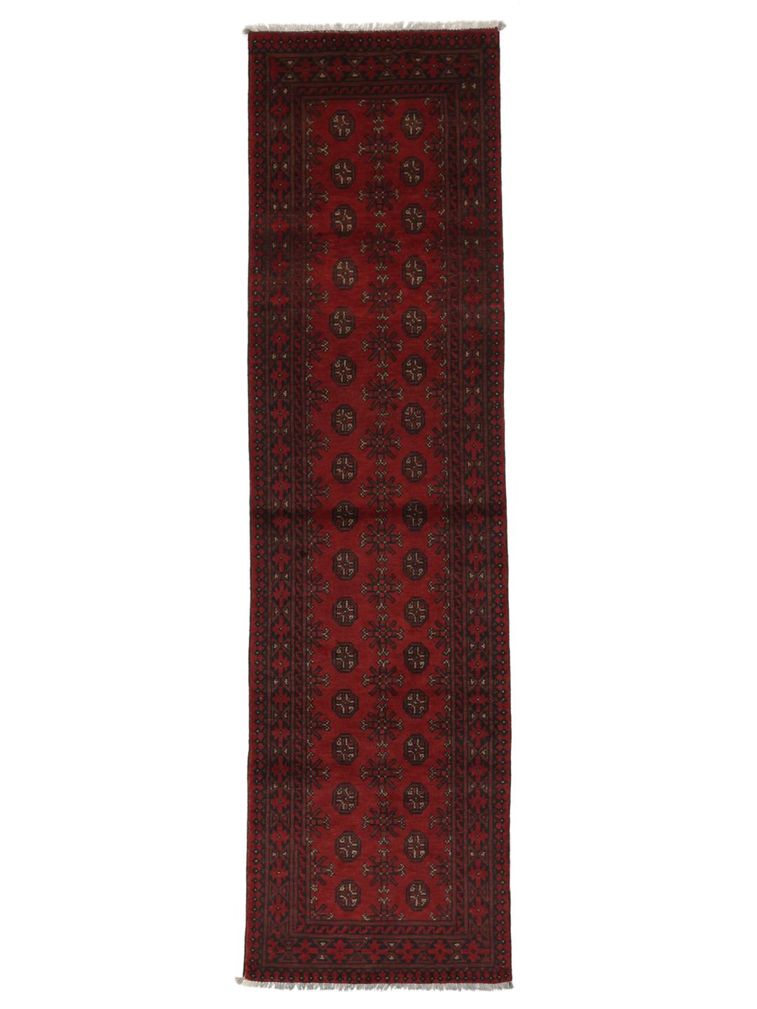 Hand-knotted Afghan runner rug in dark-red and dark-grey