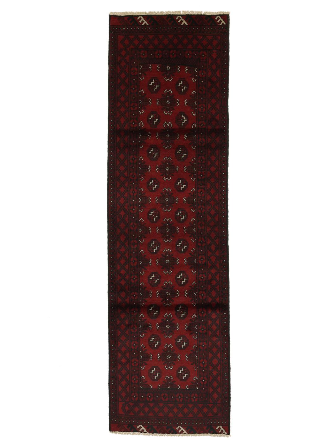 Hand-knotted runner rug from Afghanistan in dark red and black geometric patterns