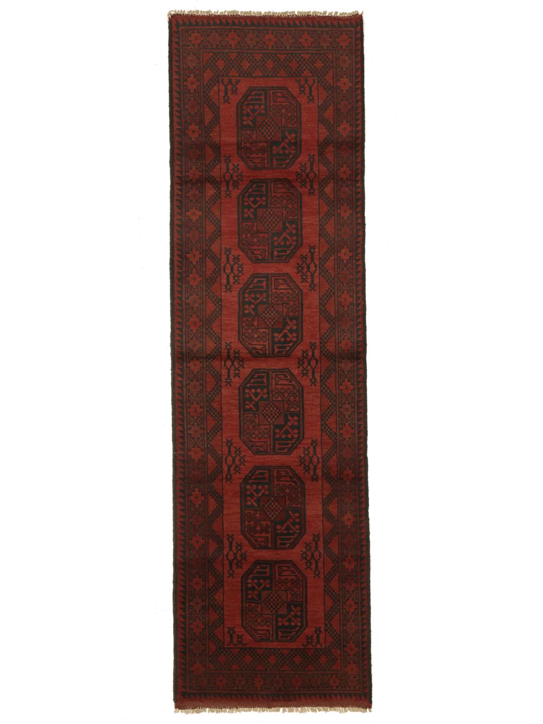 Hand-knotted Afghan Fine runner in dark-red and black wool