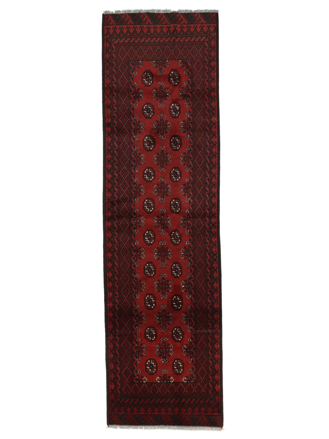 Tapis couloir noué à la main en provenance d'Afghanistan en rouge foncé et noir