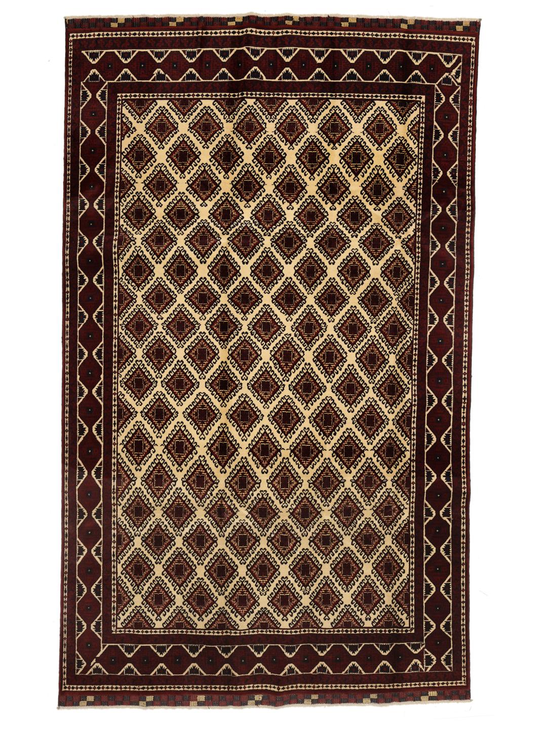 Hand-knotted Kunduz wool rug in dark-red and beige from Afghanistan