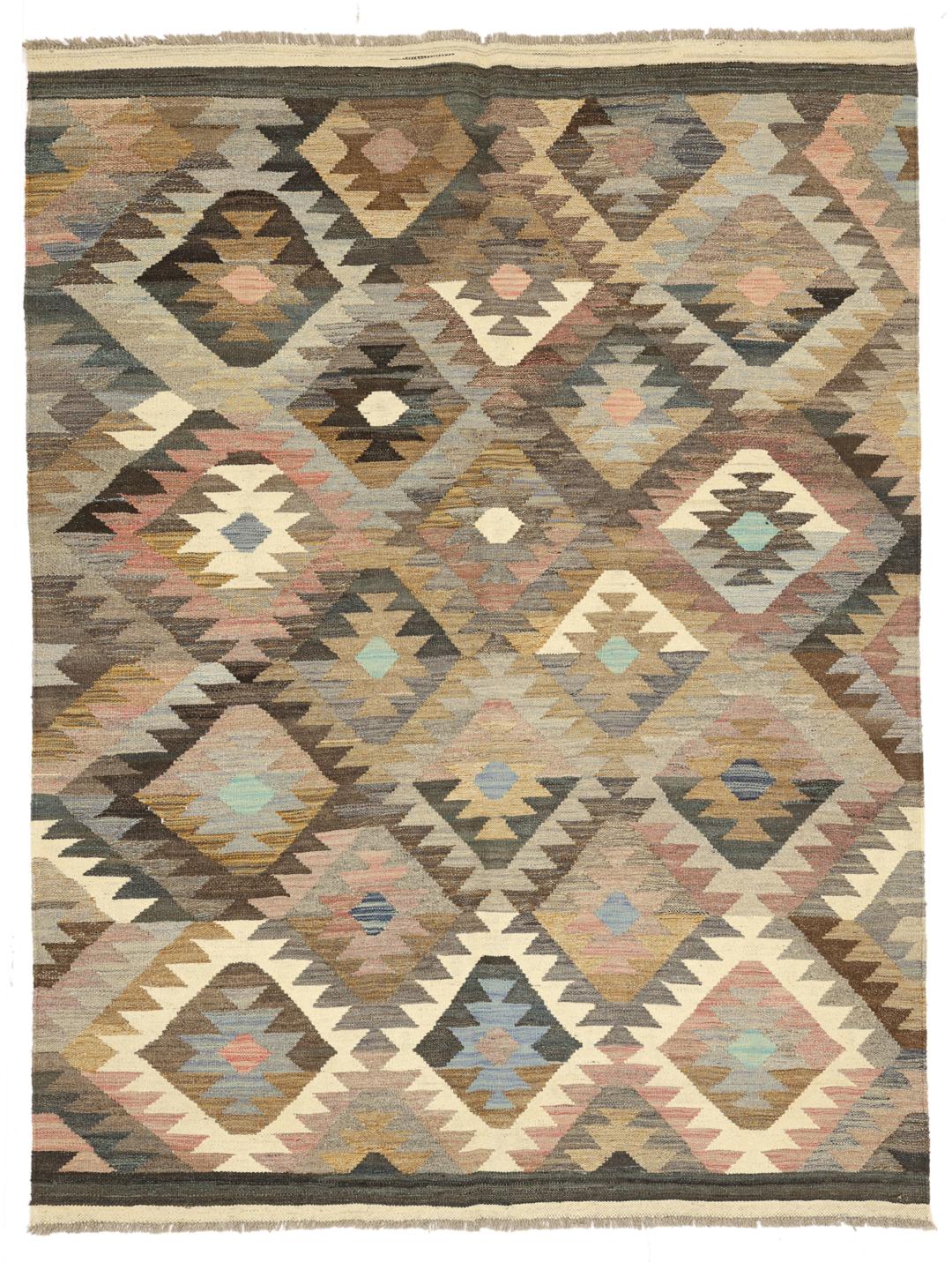 Handwoven Kelim Ariana Trend wool rug from Afghanistan in brown and multicolor
