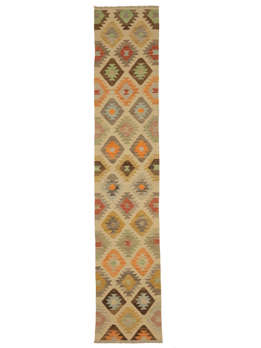 Hand-woven Kilim Ariana wool runner rug in beige and multicolor