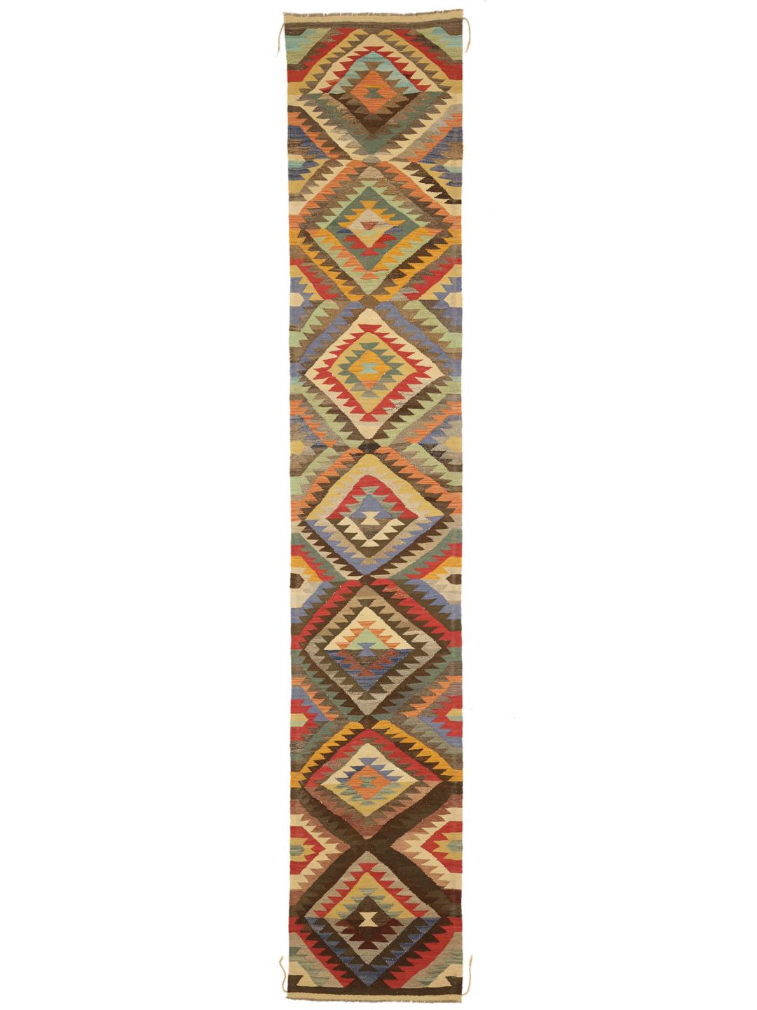 Hand-woven multicolor wool runner rug from Afghanistan with geometric patterns